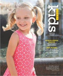 New Mom School featured in Coast Kids magazine cover with smiling girl in a pink dress with white hearts.