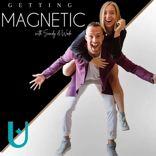 Getting Magnetic podcast logo with Sandy and Wade, featuring Sandy on Wade's back in a playful pose.