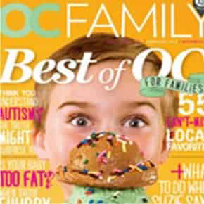 OC Family magazine Best of OC cover featuring child with large ice cream sandwich topped with sprinkles.