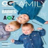 New Mom School featured in OC Family magazine cover with three babies lying on a blue background.