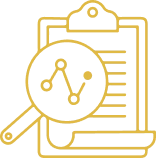 Gold and gray icon of a clipboard with a magnifying glass and data chart, symbolizing New Mom School’s commitment to research-based education.