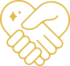 Gold and gray icon of two hands forming a heart shape, symbolizing trusted partnerships at New Mom School.