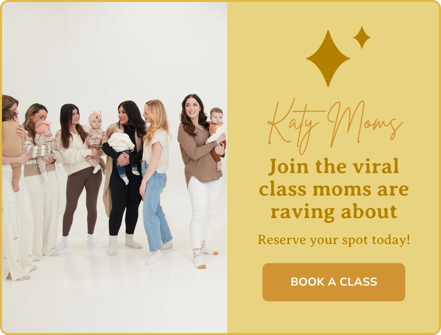 Katy moms holding babies during a New Mom School class with a gold banner inviting moms to join and book a class.