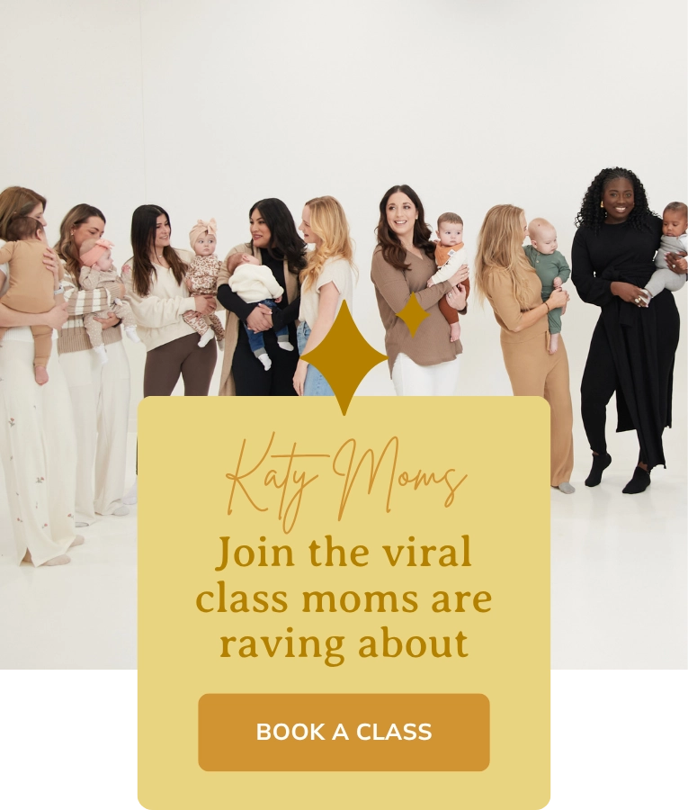 Katy moms holding babies during a New Mom School class with a gold banner inviting moms to join and book a class.