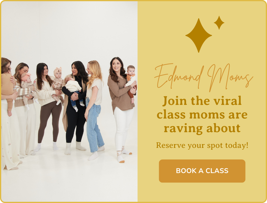 Edmond moms holding babies during a New Mom School class with a gold banner inviting moms to join and book a class.