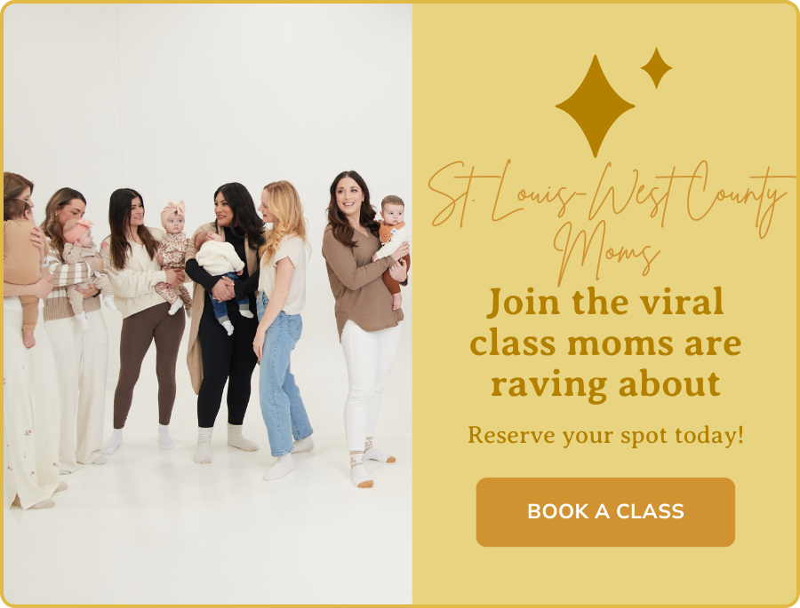 St. Louis West County moms holding babies during a New Mom School class with a gold banner inviting moms to join and book a class.