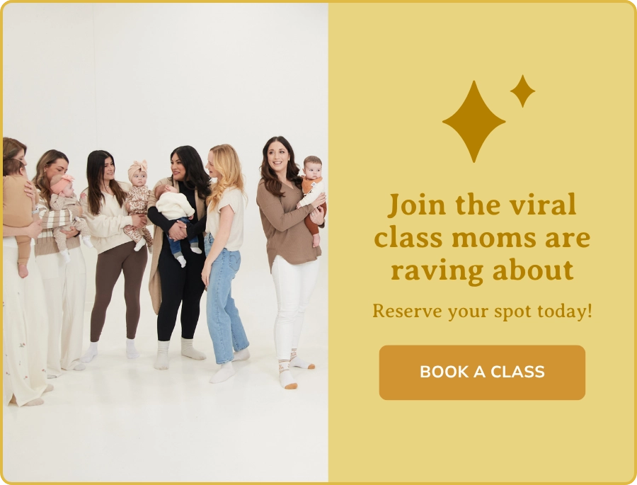 Join New Mom School Moms Class Moms' holding babies during a New Mom School class with a gold banner inviting moms to join and book a class.
